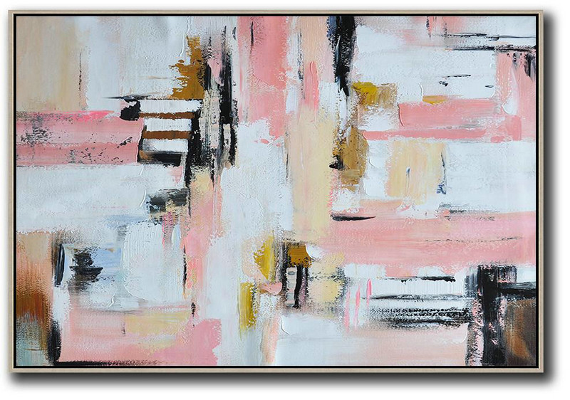 Oversized Horizontal Contemporary Art,Large Contemporary Painting,White,Pink,Light Yellow,Black,Brown
